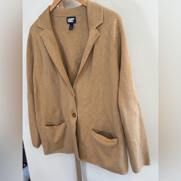 Lands’ End Women’s Large Tan‎ 100% Cotton Fine Gauge Knit Blazer Sweater Classic - Picture 4 of 7